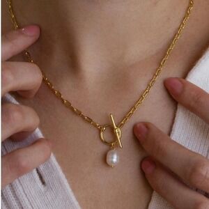 Gold Tone Paperclip Chain Necklace With Fresh water Pearl Pendant Toggle Clasp